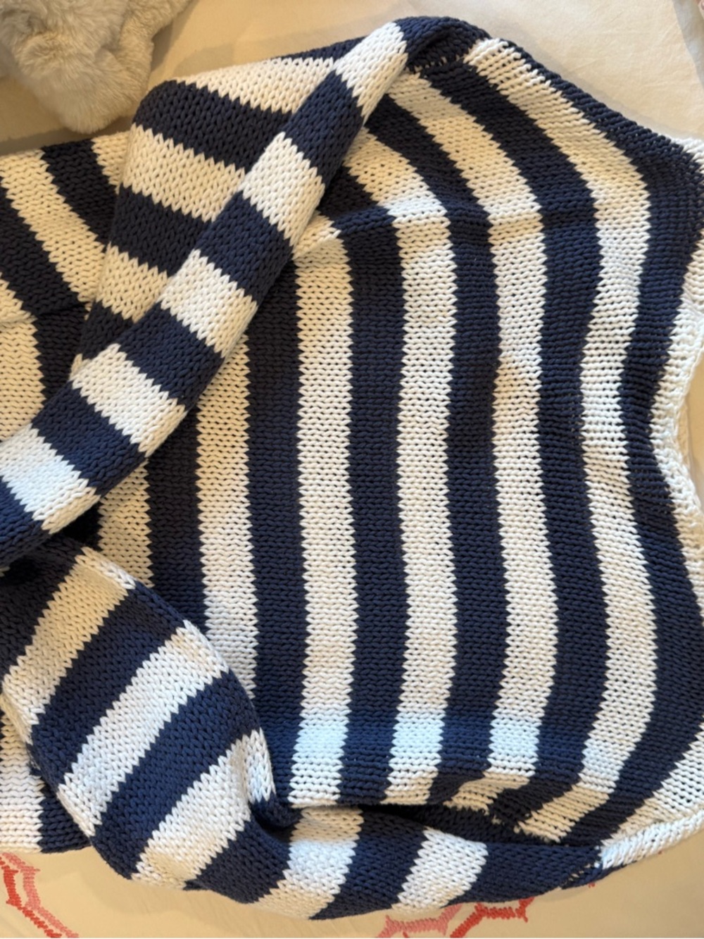 aerie Navy and White Striped Knit Crew Sweater